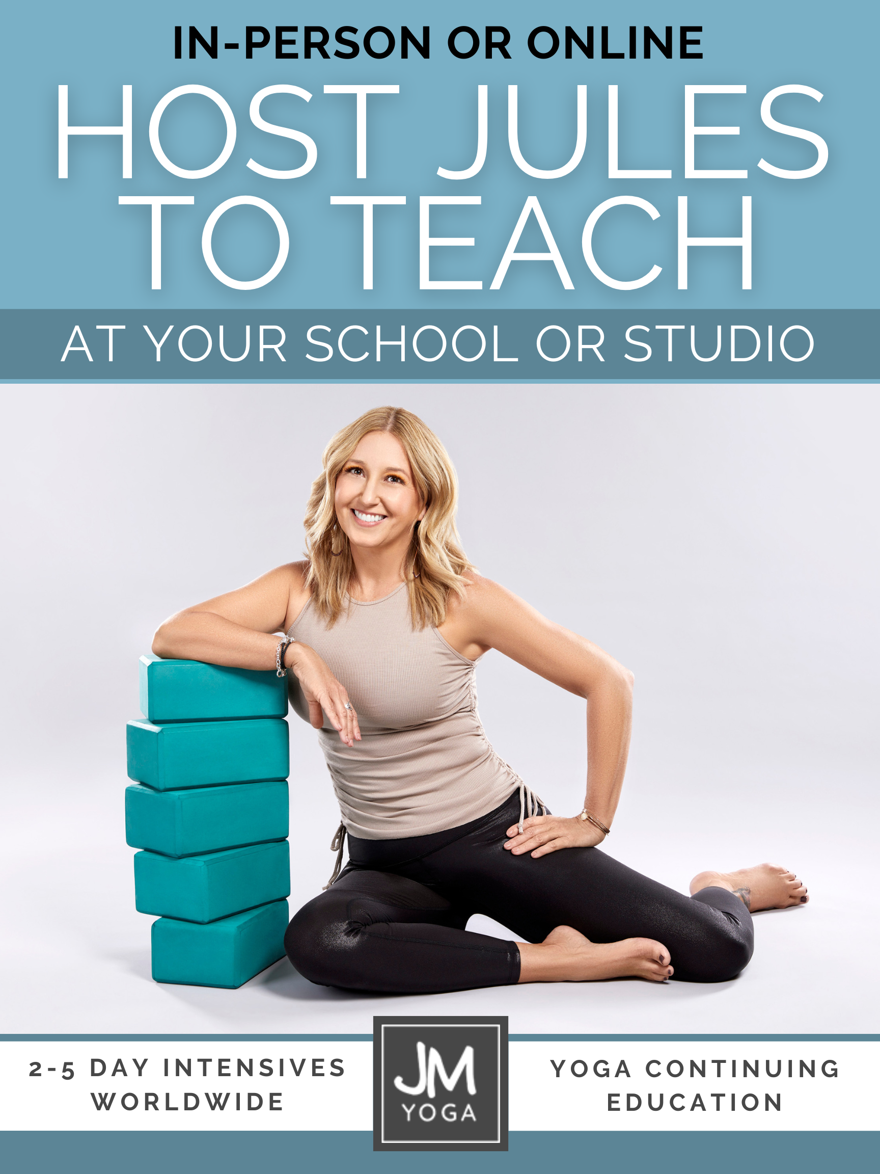 Host Jules to be a yoga biomechanics guest teacher at your yoga school or studio